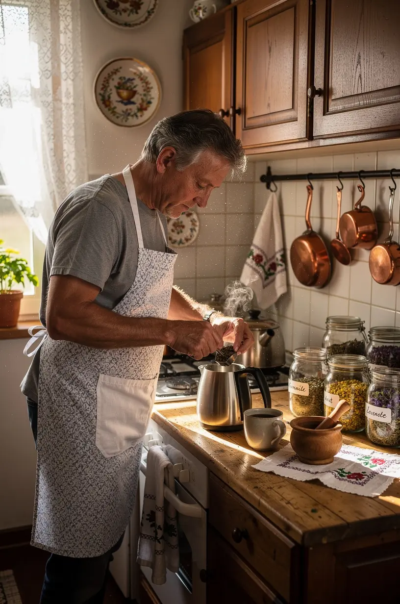 Puodelis žolelių arbatos ant medinio stalo, šalia kojinės ir knygos ramiai vakaro atmosferai. Šviežios vaistažolės ant balto fono, simbolizuojančios natūralų poilsį ir sveiką gyvenimo būdą. Raminanti vakarienės scena su arbatos puodeliu, žvake ir minkštu apšvietimu tyliai dienos pabaigai. Rankos laiko arbatos puodelį prie lango, žiūrint į saulėlydį, kviečiant į ramų vakarą. Lėtas arbatos ruošimo procesas su užplikytu žolelių mišiniu, skatinantis meditaciją ir atsipalaidavimą. Šiltas užrašas ant medžio lentos: „Rami vakaro rutina su žolelių arbata“, pabrėžiantis gyvenimo kokybės gerinimą.