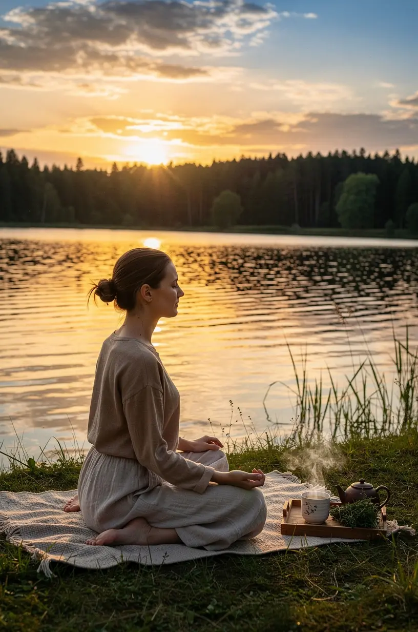 Puodelis žolelių arbatos ant medinio stalo, šalia kojinės ir knygos ramiai vakaro atmosferai. Šviežios vaistažolės ant balto fono, simbolizuojančios natūralų poilsį ir sveiką gyvenimo būdą. Raminanti vakarienės scena su arbatos puodeliu, žvake ir minkštu apšvietimu tyliai dienos pabaigai. Rankos laiko arbatos puodelį prie lango, žiūrint į saulėlydį, kviečiant į ramų vakarą. Lėtas arbatos ruošimo procesas su užplikytu žolelių mišiniu, skatinantis meditaciją ir atsipalaidavimą. Šiltas užrašas ant medžio lentos: „Rami vakaro rutina su žolelių arbata“, pabrėžiantis gyvenimo kokybės gerinimą.