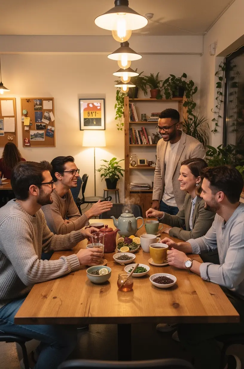 Puodelis žolelių arbatos ant medinio stalo, šalia kojinės ir knygos ramiai vakaro atmosferai. Šviežios vaistažolės ant balto fono, simbolizuojančios natūralų poilsį ir sveiką gyvenimo būdą. Raminanti vakarienės scena su arbatos puodeliu, žvake ir minkštu apšvietimu tyliai dienos pabaigai. Rankos laiko arbatos puodelį prie lango, žiūrint į saulėlydį, kviečiant į ramų vakarą. Lėtas arbatos ruošimo procesas su užplikytu žolelių mišiniu, skatinantis meditaciją ir atsipalaidavimą. Šiltas užrašas ant medžio lentos: „Rami vakaro rutina su žolelių arbata“, pabrėžiantis gyvenimo kokybės gerinimą.
