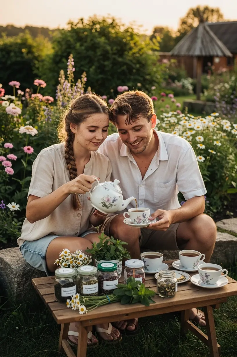 Puodelis žolelių arbatos ant medinio stalo, šalia kojinės ir knygos ramiai vakaro atmosferai. Šviežios vaistažolės ant balto fono, simbolizuojančios natūralų poilsį ir sveiką gyvenimo būdą. Raminanti vakarienės scena su arbatos puodeliu, žvake ir minkštu apšvietimu tyliai dienos pabaigai. Rankos laiko arbatos puodelį prie lango, žiūrint į saulėlydį, kviečiant į ramų vakarą. Lėtas arbatos ruošimo procesas su užplikytu žolelių mišiniu, skatinantis meditaciją ir atsipalaidavimą. Šiltas užrašas ant medžio lentos: „Rami vakaro rutina su žolelių arbata“, pabrėžiantis gyvenimo kokybės gerinimą.