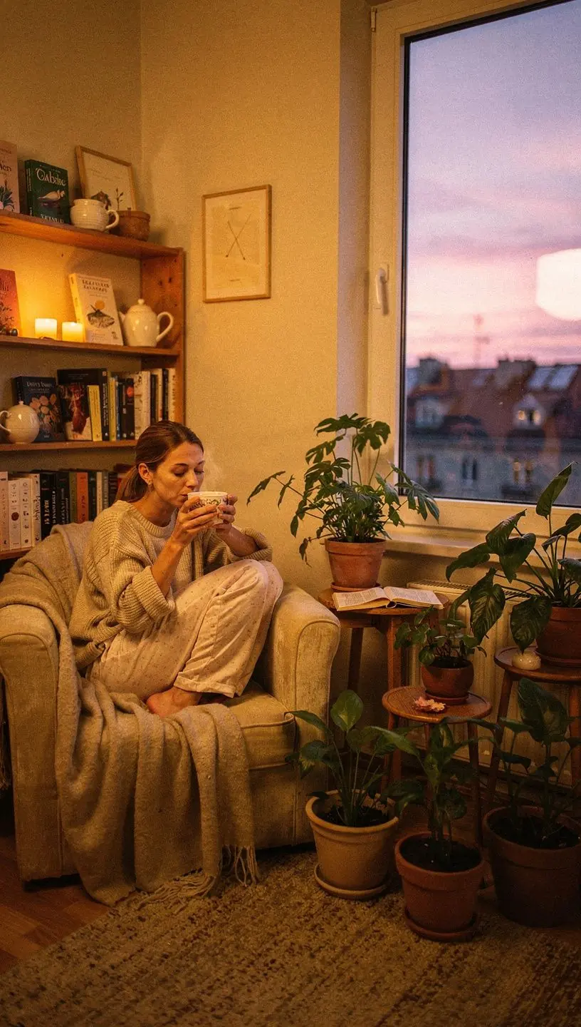 Puodelis žolelių arbatos ant medinio stalo, šalia kojinės ir knygos ramiai vakaro atmosferai. Šviežios vaistažolės ant balto fono, simbolizuojančios natūralų poilsį ir sveiką gyvenimo būdą. Raminanti vakarienės scena su arbatos puodeliu, žvake ir minkštu apšvietimu tyliai dienos pabaigai. Rankos laiko arbatos puodelį prie lango, žiūrint į saulėlydį, kviečiant į ramų vakarą. Lėtas arbatos ruošimo procesas su užplikytu žolelių mišiniu, skatinantis meditaciją ir atsipalaidavimą. Šiltas užrašas ant medžio lentos: „Rami vakaro rutina su žolelių arbata“, pabrėžiantis gyvenimo kokybės gerinimą.