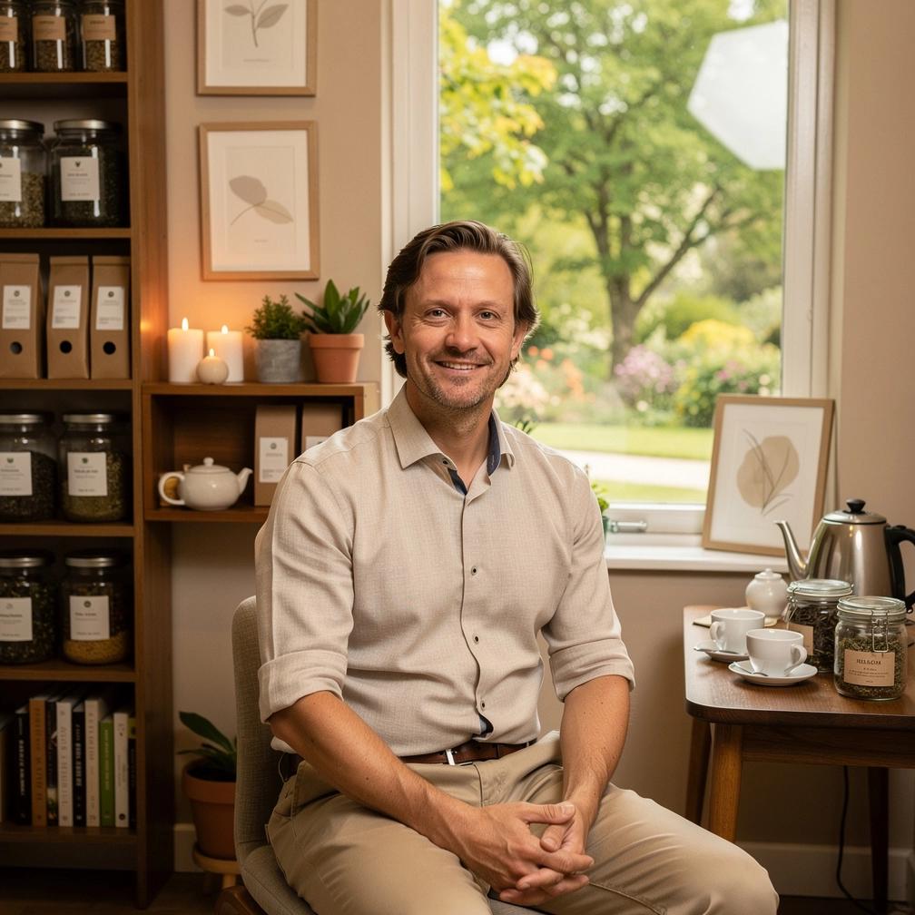 Arbatos puodelis ant medinio stalo švelniai apšviestas vakaro šviesos, simbolizuojantis ramų vakaro ritualą.