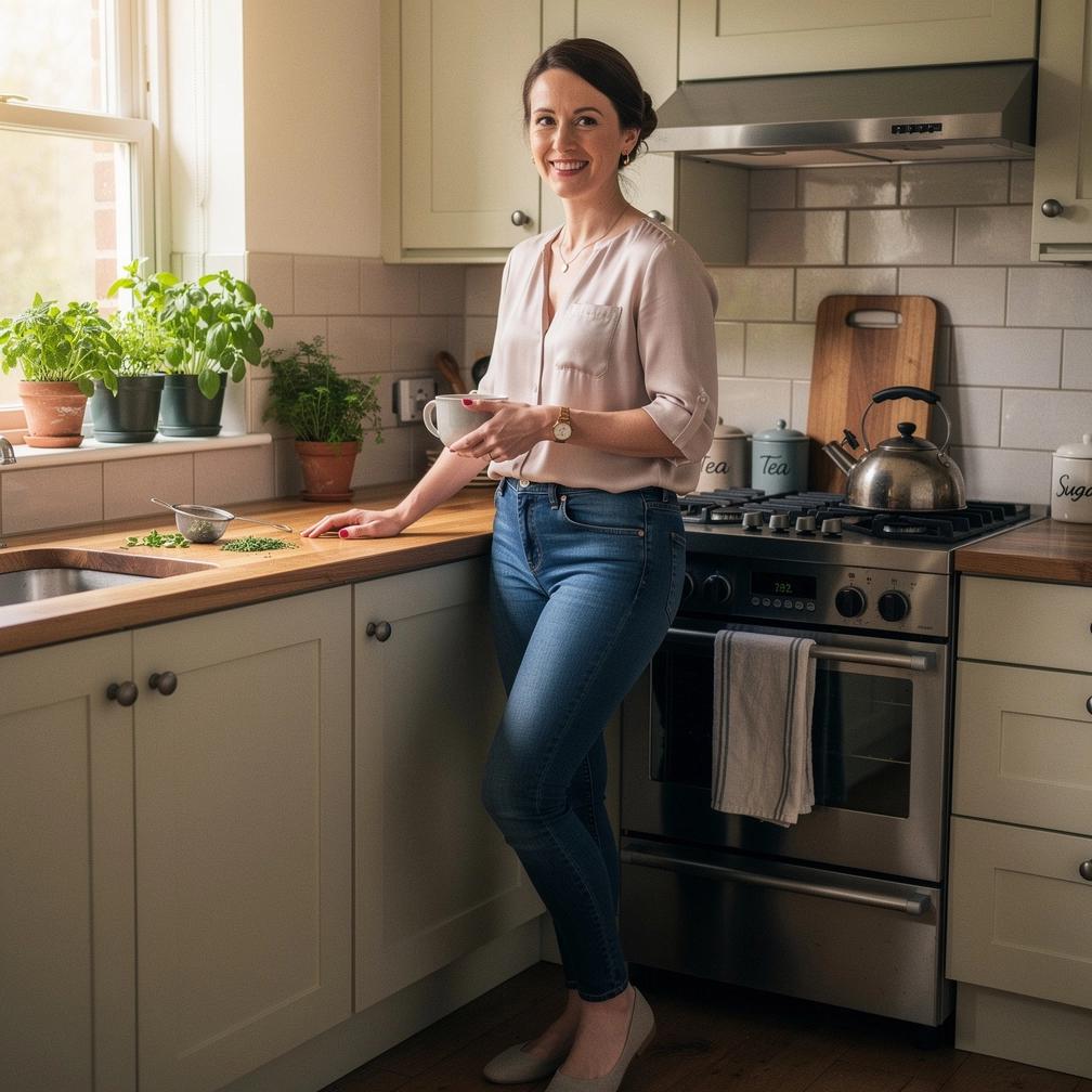Rankos laiko arbatinuką, pilantį karštą žolelių arbatą į puodelį, simbolizuojantys kasdienį ritualą.